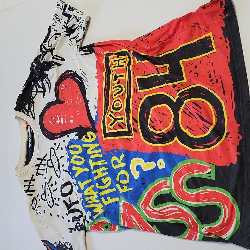 Ron Bass Shirt Mens medium Allover Graphic Print Streetwear Faith 33 Love